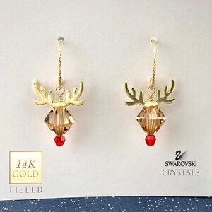 Austrian Crystal Beaded 14K Gold Filled Reindeer Christmas Holiday Drop Earrings